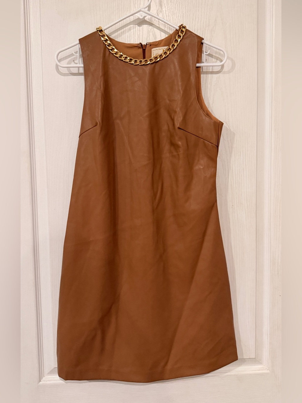 Flora Bea Sleeveless Faux Leather Shift Dress with Chain Trim - Brown